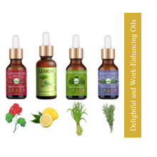 Load image into Gallery viewer, 4 Delightful and Work-Enhancing Essential Oils For Office (50 ml Spritzer Glass Bottle Freee With This Pack)