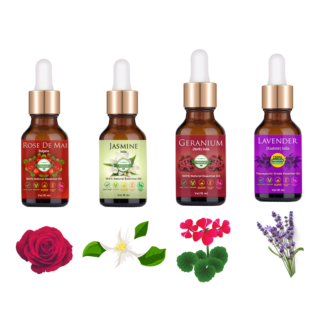 Pack of 4 Essential Oils of Flowery Fragrance (50 ml Spritzer Glass Bottle Freee With This Pack)